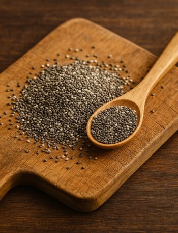 Semi di chia con cucchiaio in legno su tagliere rustico