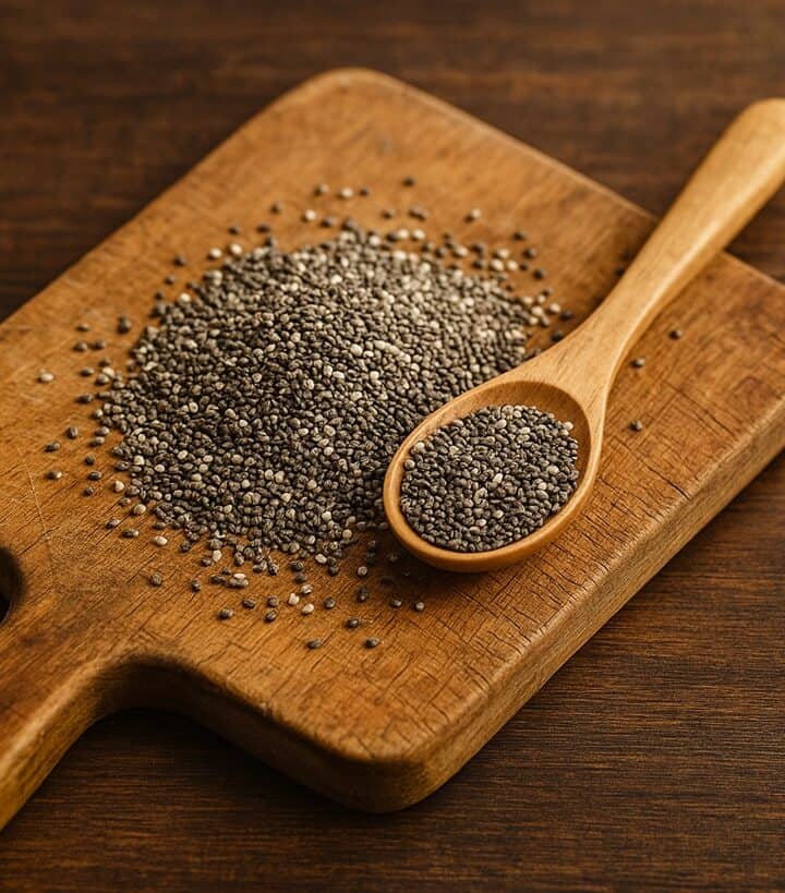 Semi di chia con cucchiaio in legno su tagliere rustico
