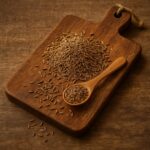 Semi di cumino marrone chiaro su tagliere in legno con cucchiaio