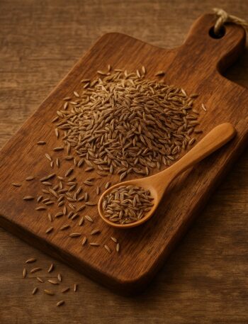 Semi di cumino marrone chiaro su tagliere in legno con cucchiaio