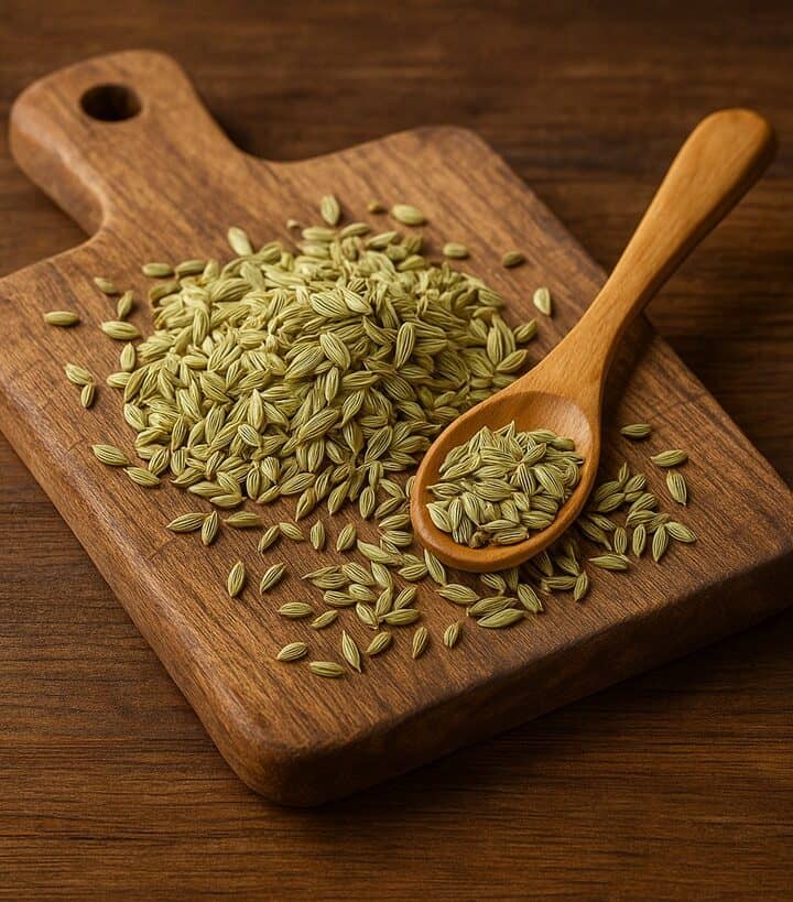 Semi di finocchio su tagliere di legno con cucchiaio