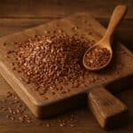 Semi di lino marroni su tagliere in legno con cucchiaio