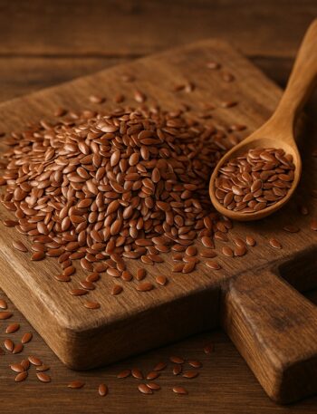 Semi di lino marroni su tagliere in legno con cucchiaio