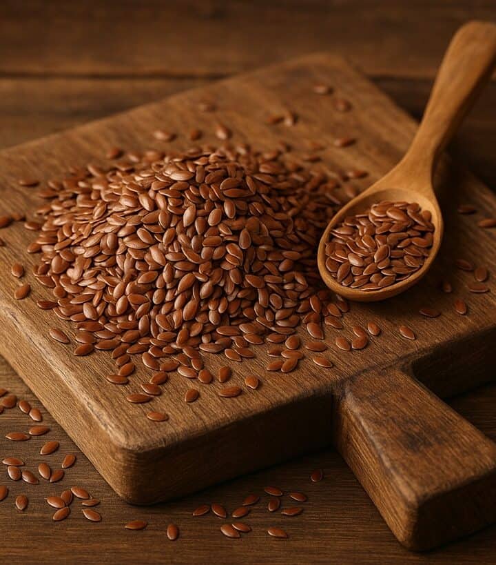 Semi di lino marroni su tagliere in legno con cucchiaio