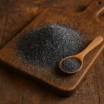 Semi di papavero neri su tagliere in legno con cucchiaio