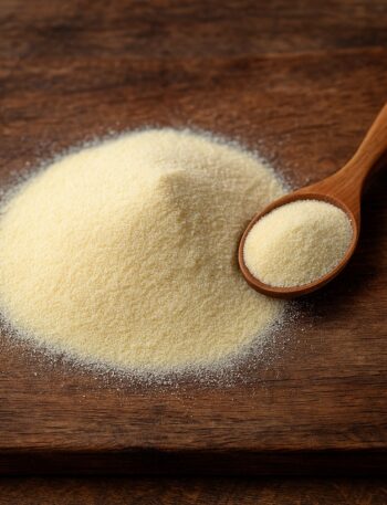 Semola di grano duro su tagliere in legno con cucchiaio