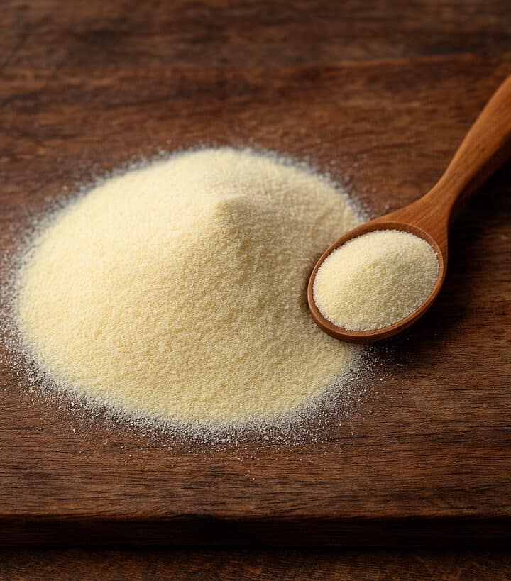 Semola di grano duro su tagliere in legno con cucchiaio