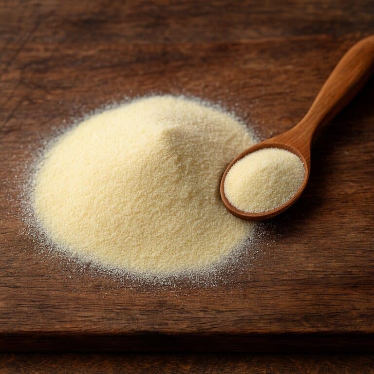 Semola di grano duro su tagliere in legno con cucchiaio