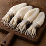 Seppie intere pulite su tagliere in legno con tentacoli visibili