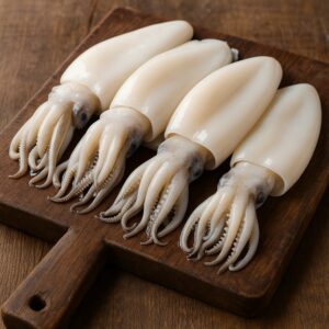 Seppie intere pulite su tagliere in legno con tentacoli visibili