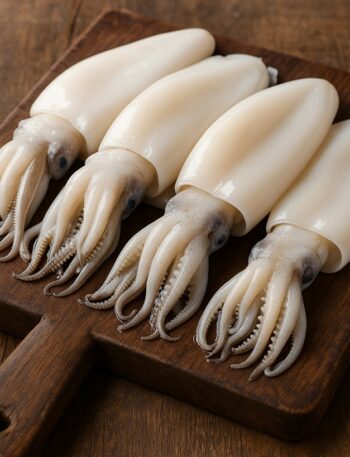 Seppie intere pulite su tagliere in legno con tentacoli visibili