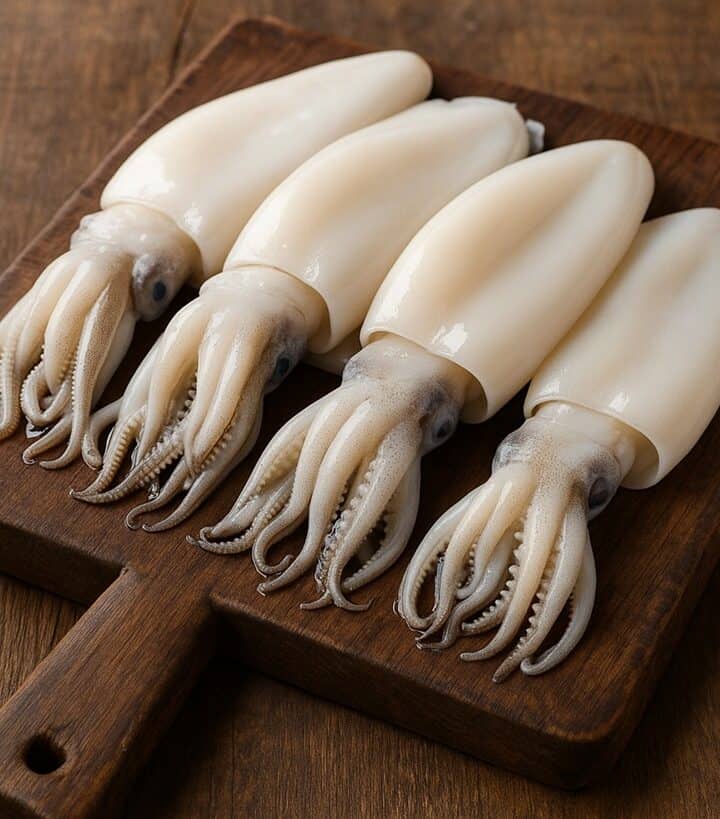 Seppie intere pulite su tagliere in legno con tentacoli visibili
