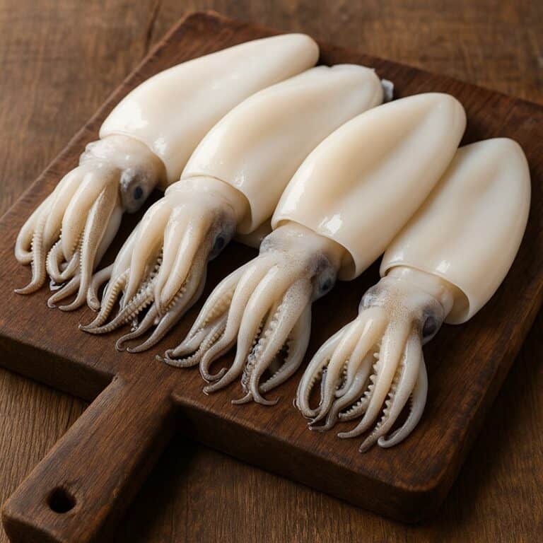 Seppie intere pulite su tagliere in legno con tentacoli visibili