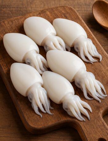 Seppioline bianche lucide su tagliere in legno con tentacoli