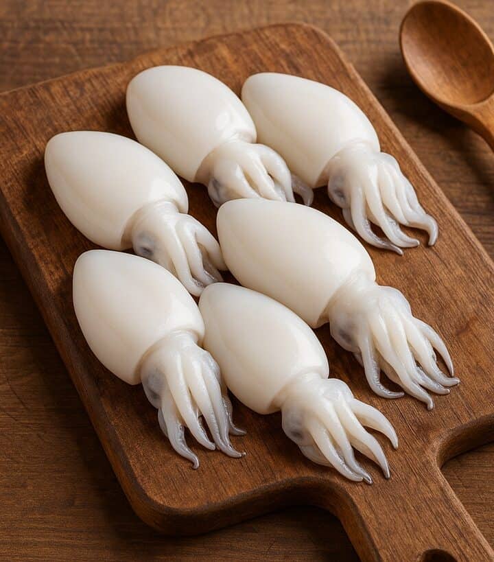 Seppioline bianche lucide su tagliere in legno con tentacoli