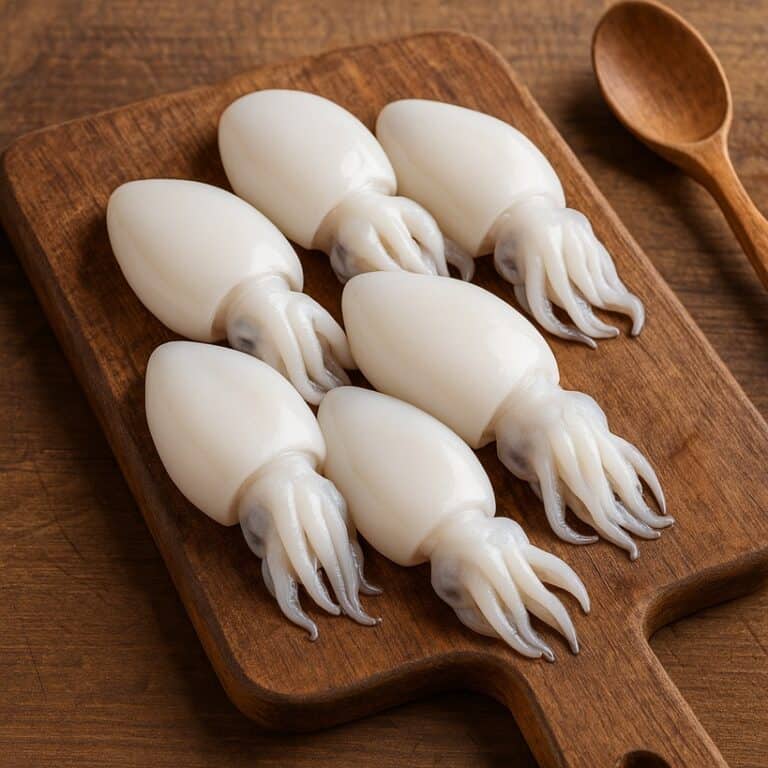 Seppioline bianche lucide su tagliere in legno con tentacoli