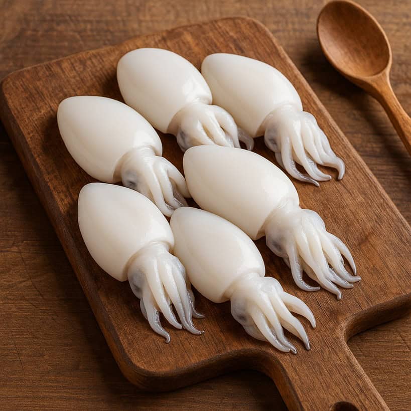 Seppioline bianche lucide su tagliere in legno con tentacoli