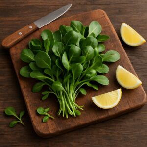 Mazzo di songino fresco su tagliere in legno con limone e coltello