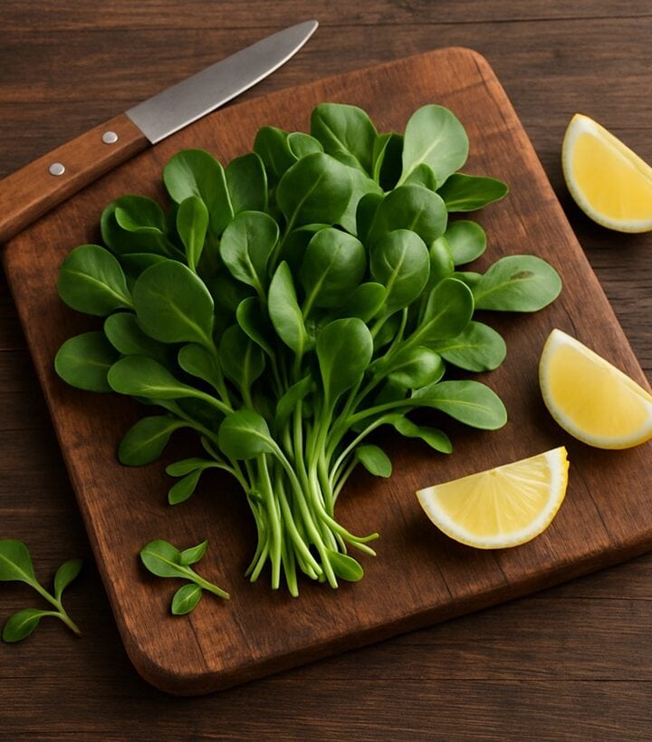 Mazzo di songino fresco su tagliere in legno con limone e coltello