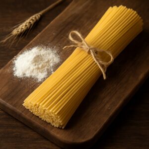 Mazzetto di spaghetti crudi legato con spago su tagliere in legno con farina e spiga di grano