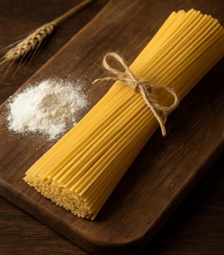 Mazzetto di spaghetti crudi legato con spago su tagliere in legno con farina e spiga di grano
