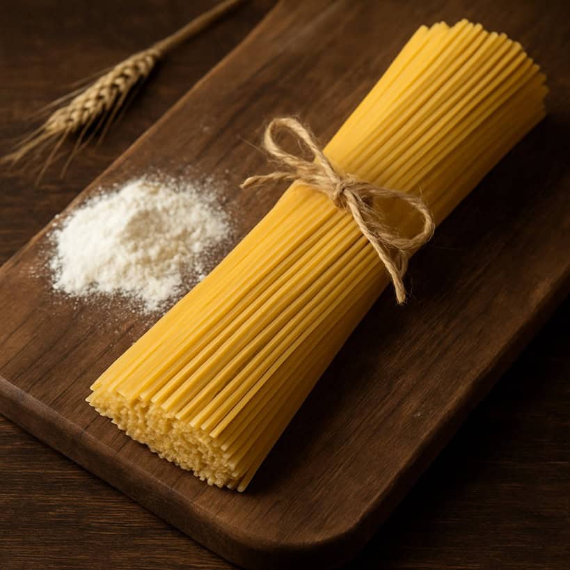 Mazzetto di spaghetti crudi legato con spago su tagliere in legno con farina e spiga di grano