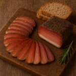 Fette sottili e ben separate di speck su tagliere in legno con rosmarino e pane integrale