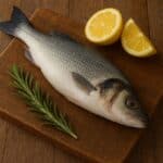 Spigola nota anche come branzino su tagliere in legno con limone e rosmarino