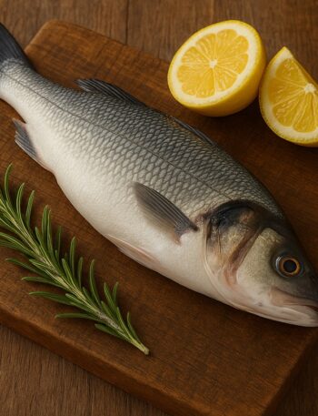 Spigola nota anche come branzino su tagliere in legno con limone e rosmarino