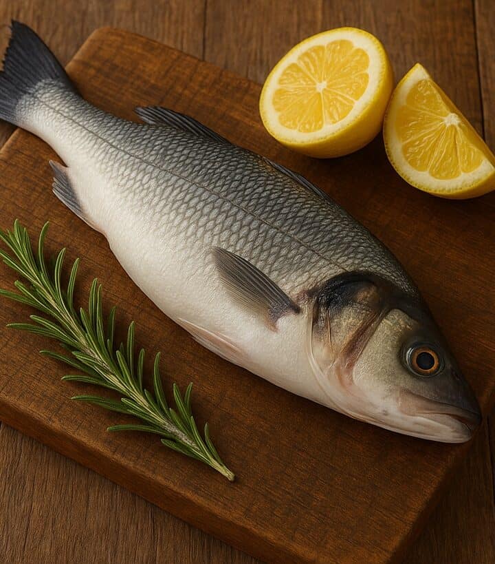 Spigola nota anche come branzino su tagliere in legno con limone e rosmarino
