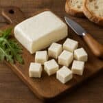 Stracchino a cubetti con rucola e pane su tagliere di legno