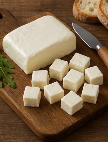 Stracchino a cubetti con rucola e pane su tagliere di legno