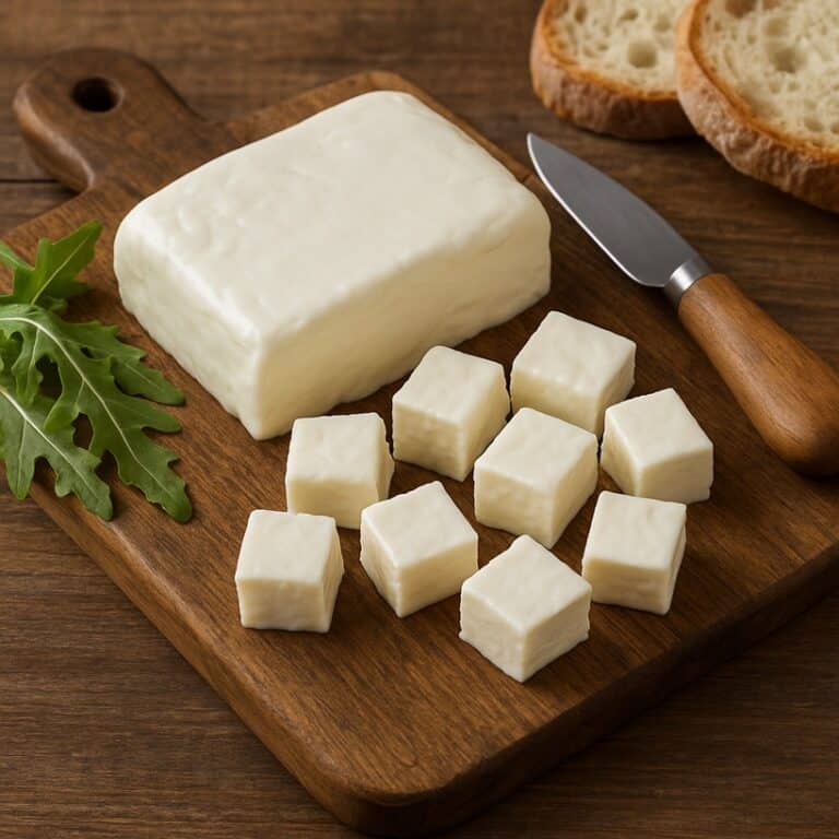 Stracchino a cubetti con rucola e pane su tagliere di legno