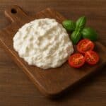 Stracciatella di formaggio cremosa su tagliere con pomodorini e foglie di basilico