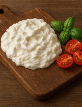 Stracciatella di formaggio cremosa su tagliere con pomodorini e foglie di basilico