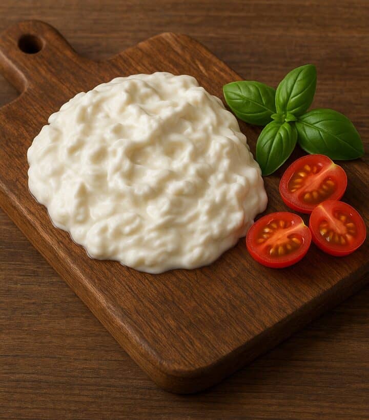 Stracciatella di formaggio cremosa su tagliere con pomodorini e foglie di basilico