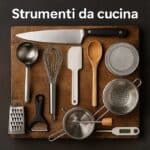 Strumenti da cucina, vari utensili disposti su un tagliere quadrato: coltello, mestolo, frusta, cucchiaio di legno, spatola, colino, scolapasta, grattugia, pelapatate, passaverdure e termometro