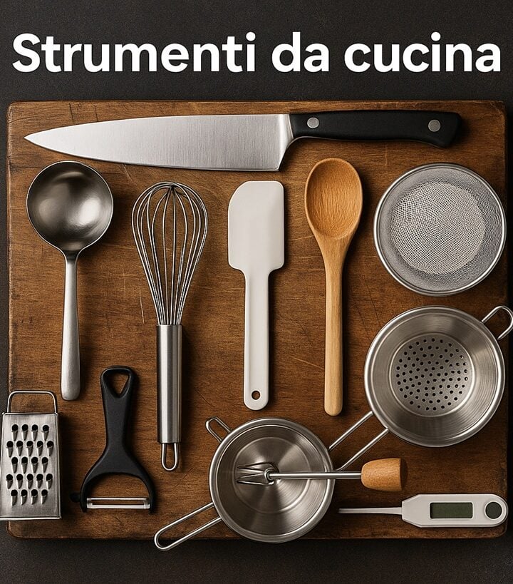 Strumenti da cucina, vari utensili disposti su un tagliere quadrato: coltello, mestolo, frusta, cucchiaio di legno, spatola, colino, scolapasta, grattugia, pelapatate, passaverdure e termometro