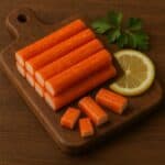 Bastoncini di surimi con limone e foglie di prezzemolo su tagliere in legno