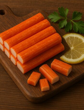 Bastoncini di surimi con limone e foglie di prezzemolo su tagliere in legno