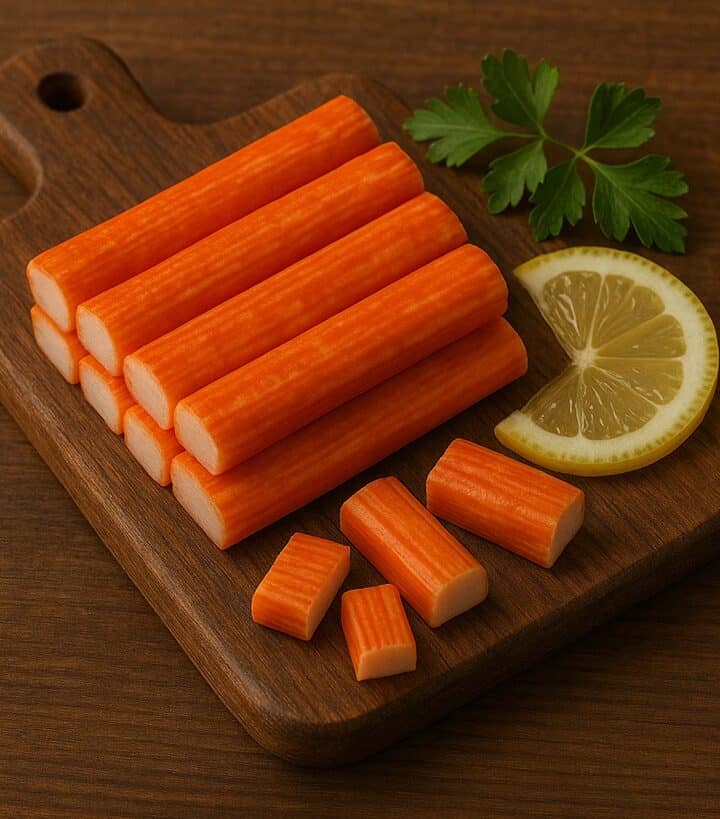 Bastoncini di surimi con limone e foglie di prezzemolo su tagliere in legno