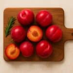 Susine fresche rosse, intere e tagliate a metà, su tagliere rustico con rosmarino