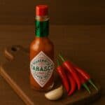 Bottiglia di salsa Tabasco con peperoncini rossi e spicchio d’aglio su tagliere in legno