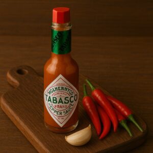 Bottiglia di salsa Tabasco con peperoncini rossi e spicchio d’aglio su tagliere in legno