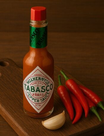 Bottiglia di salsa Tabasco con peperoncini rossi e spicchio d’aglio su tagliere in legno