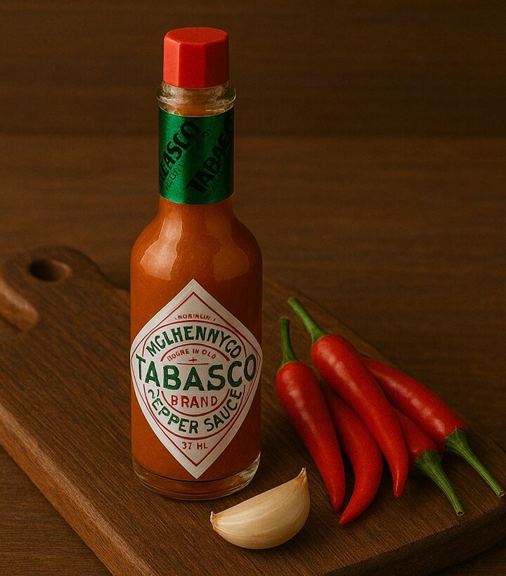 Bottiglia di salsa Tabasco con peperoncini rossi e spicchio d’aglio su tagliere in legno