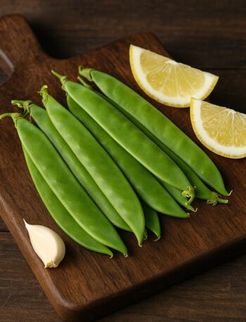 Taccole verdi su tagliere di legno con limone e uno spicchio d’aglio