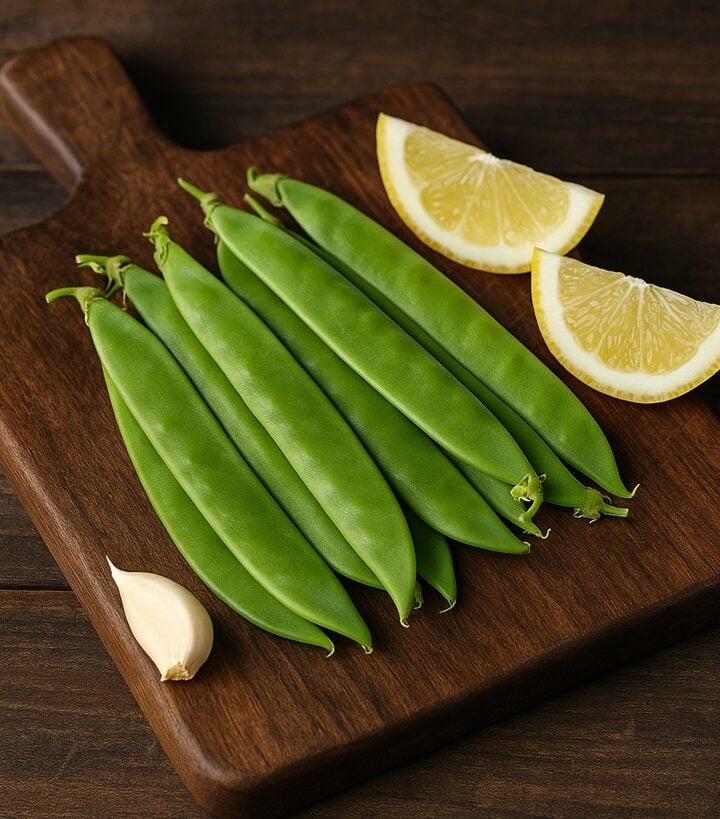 Taccole verdi su tagliere di legno con limone e uno spicchio d’aglio