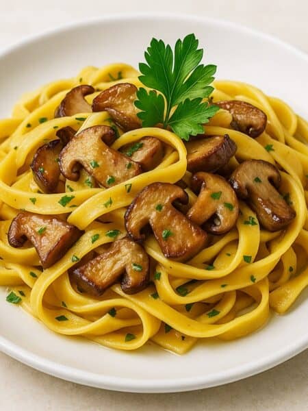 Tagliatelle ai funghi porcini dorati e decorazione di prezzemolo