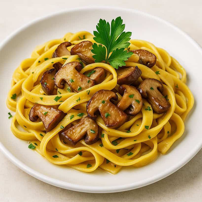 Tagliatelle ai funghi porcini dorati e decorazione di prezzemolo
